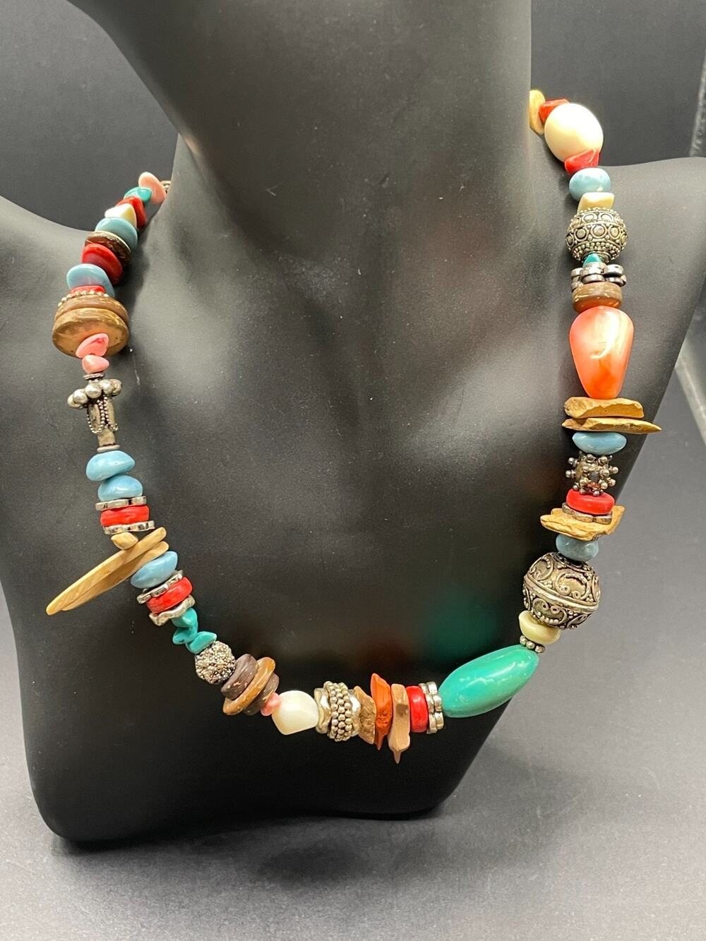 Vintage Handmade Boho Style Multicolor Beaded Silver Tone Statement Necklace
